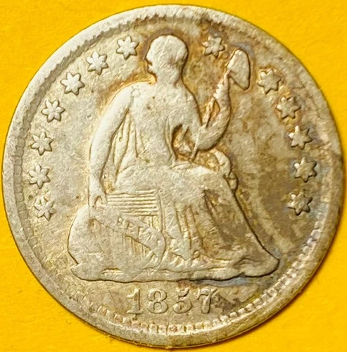 1857 U.S. SEATED LIBERTY SILVER HALF 1/2 DIME 5c COIN (F-Fine)