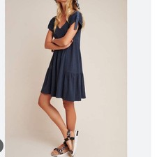 Saturday Sunday Kathie S Anthropologie Dress Blue Short Sleeve Ruffle Hem Casual