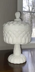 Milk Glass Covered Compote Pedestal Candy Dish-Rare Jeannette Glass