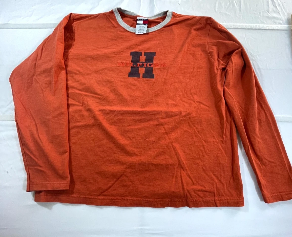 Vintage Tommy Hilfiger T Shirt Mens XL Orange Cotton Embroidered Logo Casual