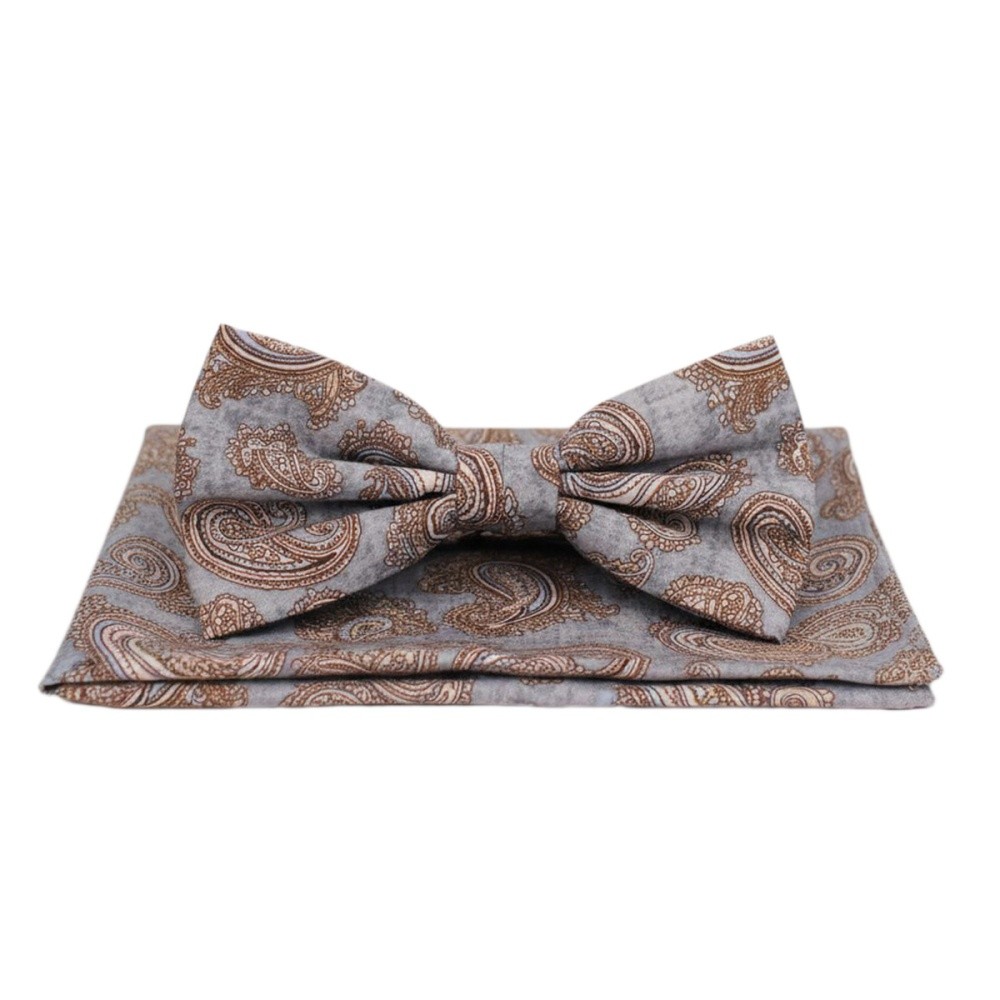 Prince Bowtie Men's Bow Tie Pocket Square Set Gray Beige Paisley FT51220