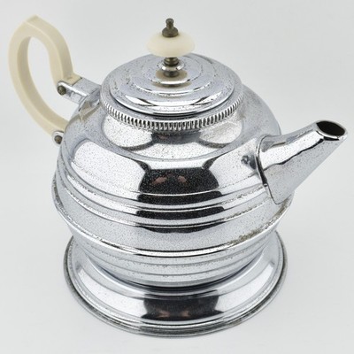 Vintage Art Deco Teekanne & Ständer Denlagh Chromplatte auf massivem Kupfer 1930er Requisite