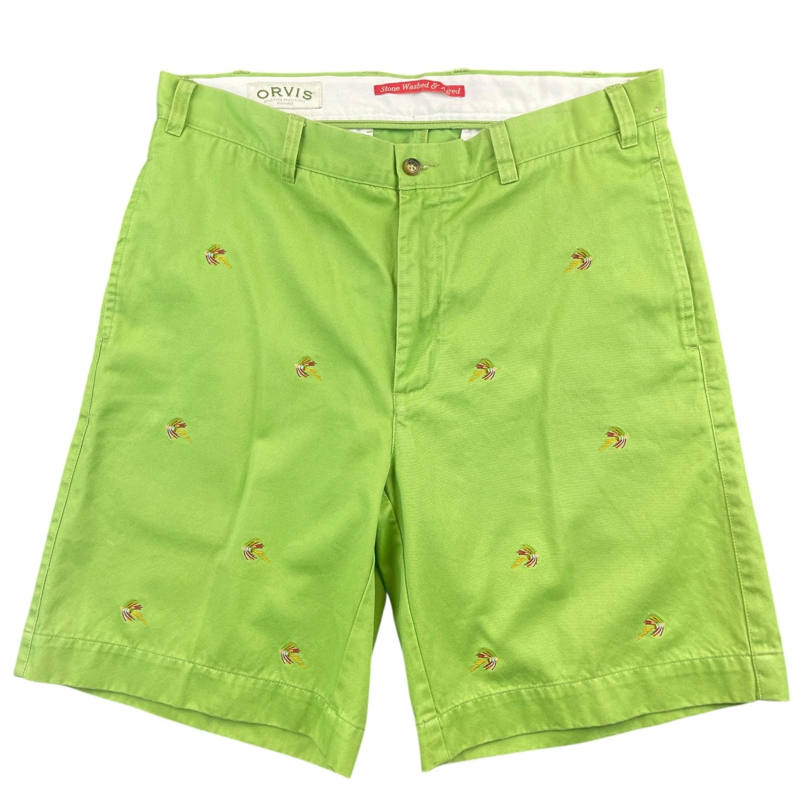 Orvis Fish Embroidered Shorts Mens 36 Green 100% Cotton Stone Washed