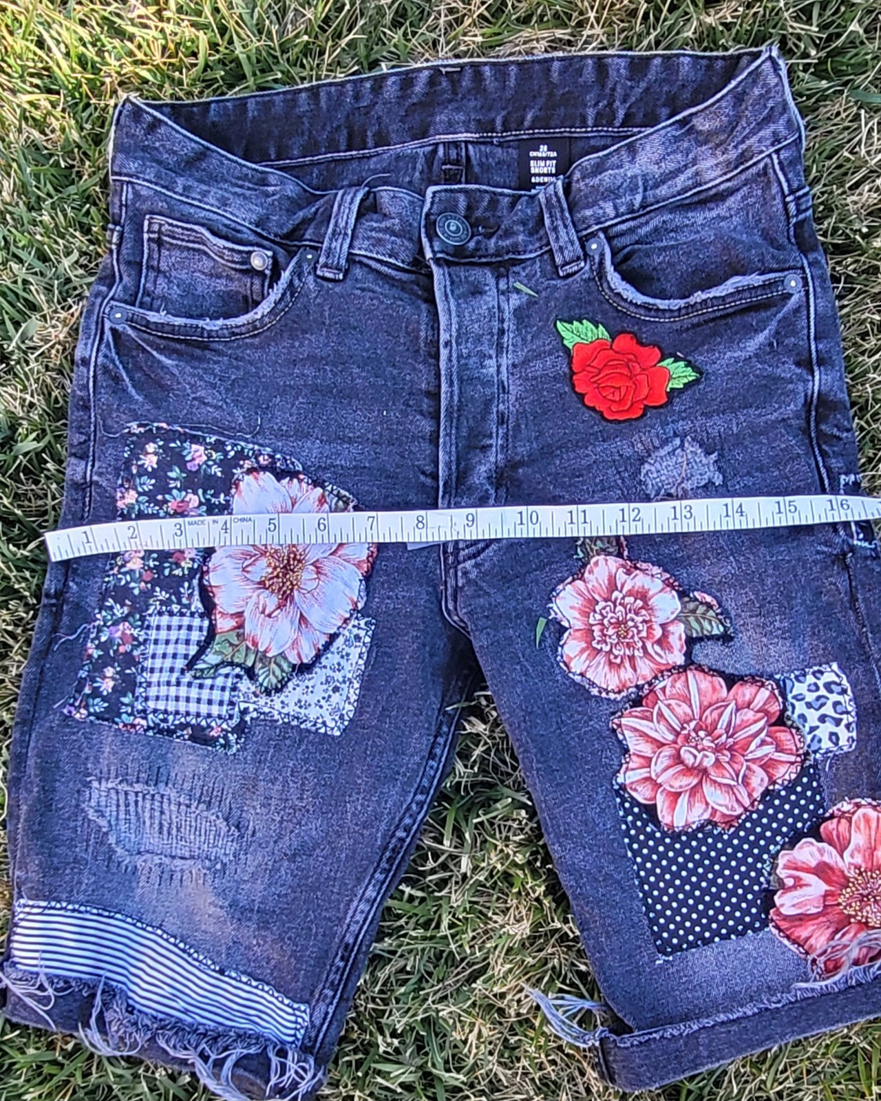 Black Upcycled Patchwork Denim Button Fly shorts-… - image 6