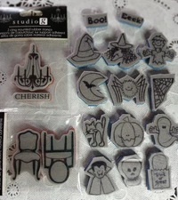 2 Studio G stamps and Halloween Lot Of 14 mini unmounted rubber stamps- fun mix