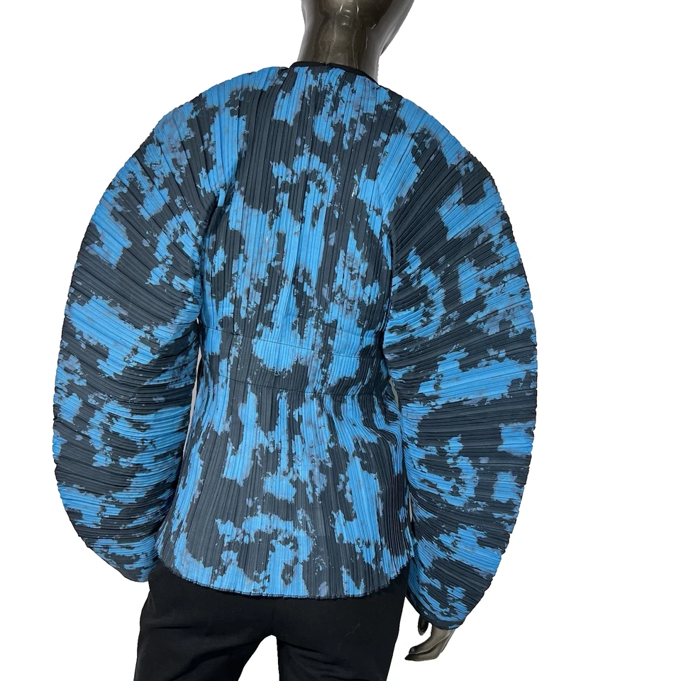 Blusa Peekskill Mujer M Estampado Azul Plisado Puckerd Manga Barril Cremallera Completa Top Foto 3 de 4