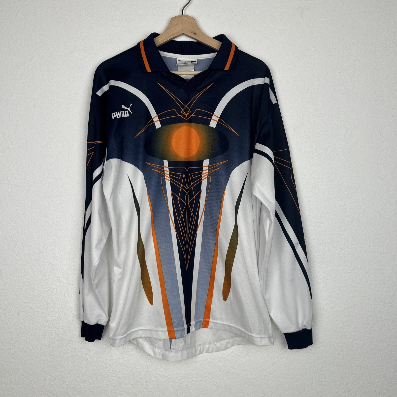 PUMA Vintage Blue & Orange Geometric Soccer Jersey Long Sleeve Shirt Size Large
