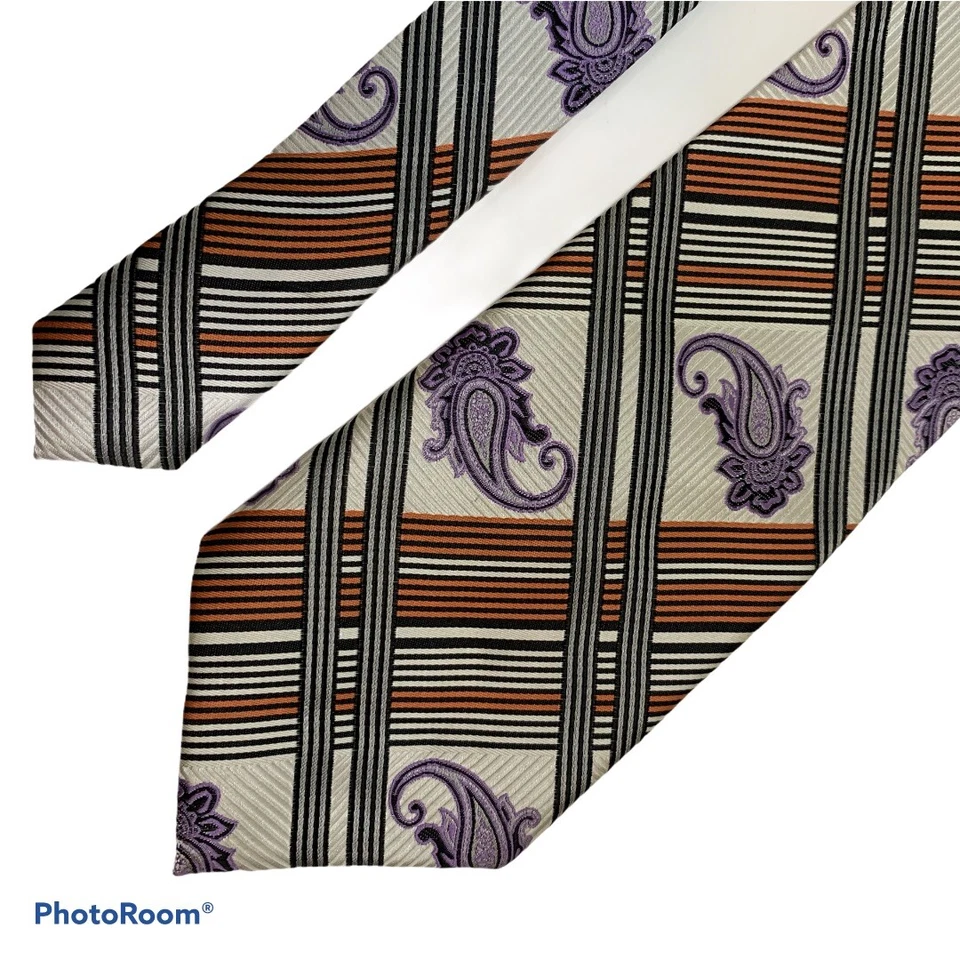 Corbata para hombre Bruno Conte by Don Jonathan a rayas cachemira gris naranja púrpura Foto 2 de 4