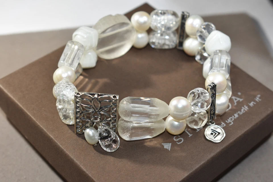 Silpada 罕见水晶石英白色珍珠手链 925 纯银石珠 — 第 2/4 张图片