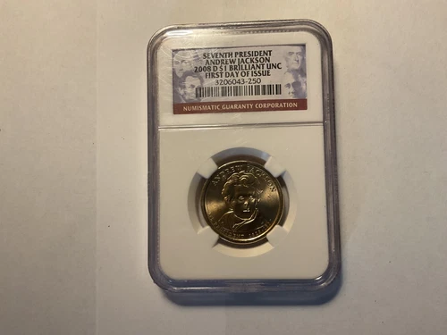 2008-D First Day Issue NGC Brilliant UNC Andrew Jackson Presidential Dollar $1