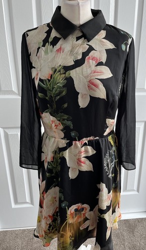 Ted Baker Opulent Bloom Black Floral fitted Dress 3 12 NEW