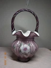 1997 FENTON GLASS BASKET L. FENTON & BRENDA PEZZONI PLUM OVERLAY #1605 W/CRACK