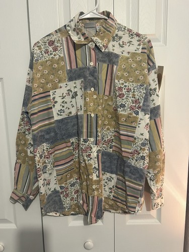 Vintage & Second Hand Multi Color Patch Boyfriend Button Down Blouse Long Sleeve - Picture 2 of 15