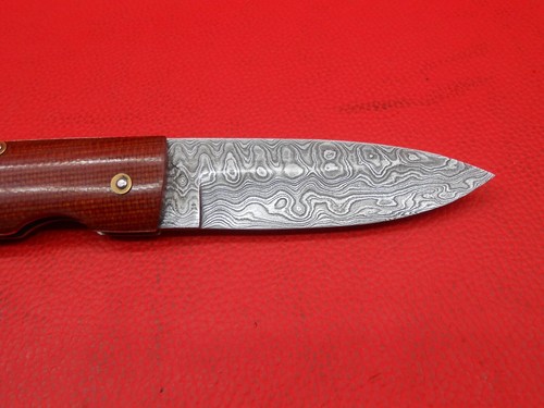Random Damascus lock Back Folding knife Red Micarta Handle Leather Pouch WI04 - Picture 8 of 11