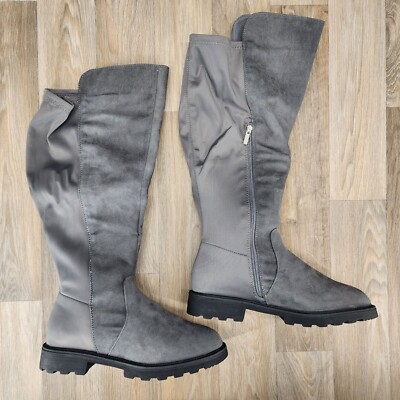 Shoe Dazzle Demi-E Women's Size 10 Gray Faux Suede Zip Up Flat Knee High Boots