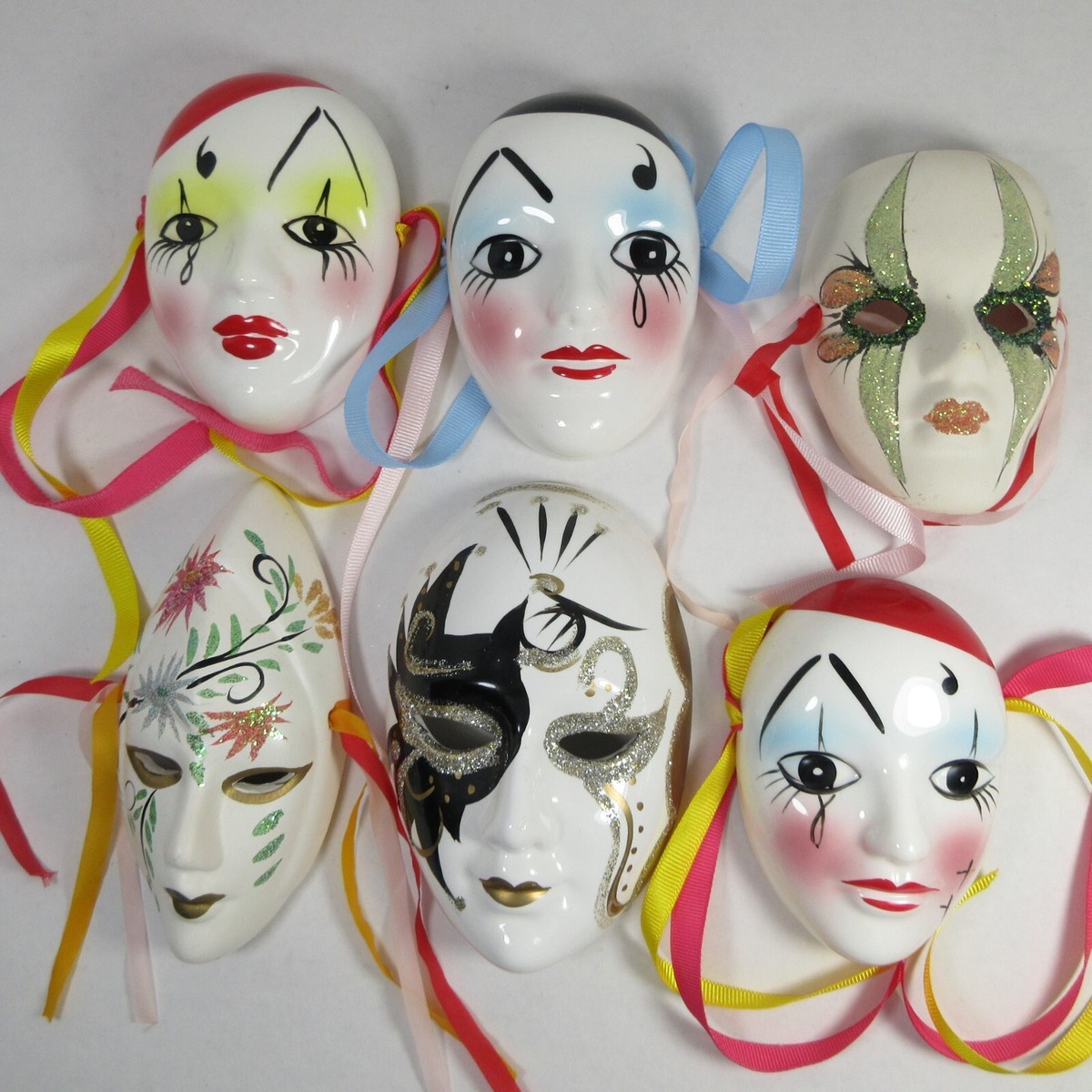 Mardi Gras Masks Set of 6 Painted Decorative Ceramic Carnival Wall