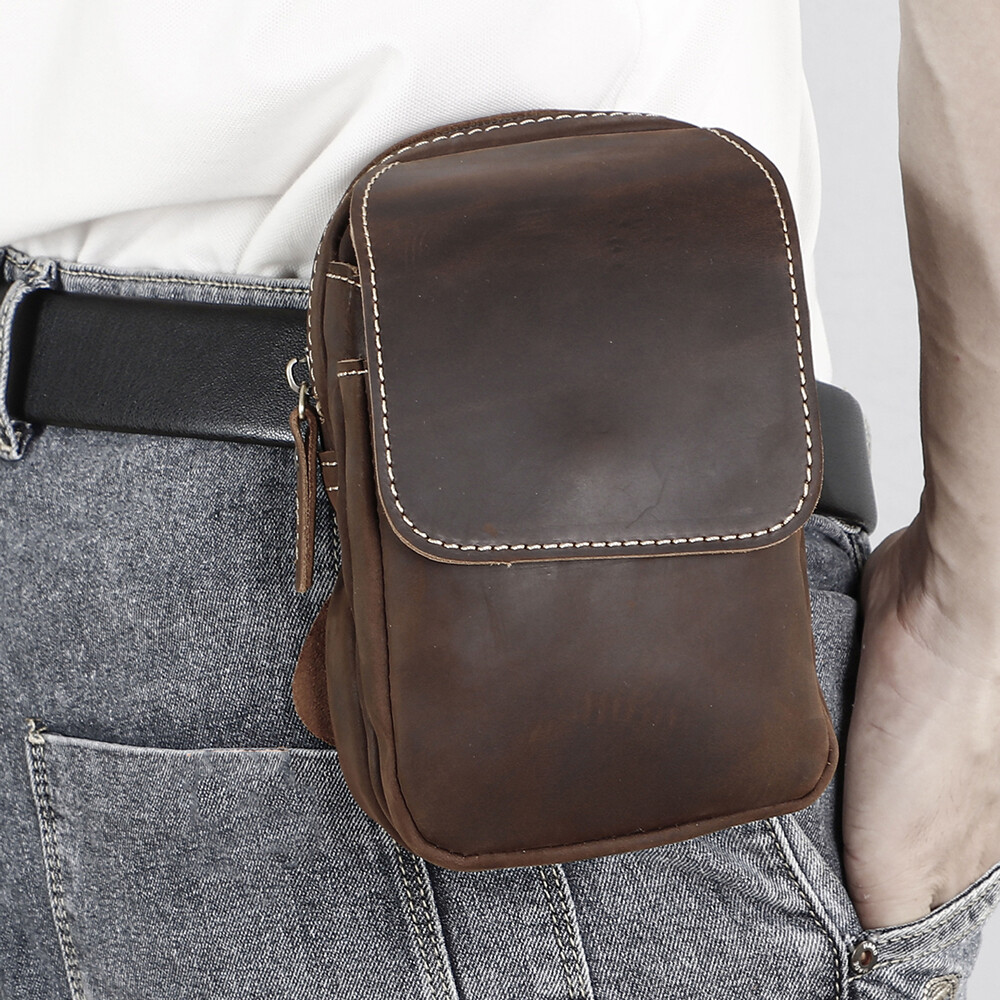Men's PU Leather Phone Holster Pouch - Belt Loop & Crossbody Strap, Fits Phones Under 6.9", Brown Color