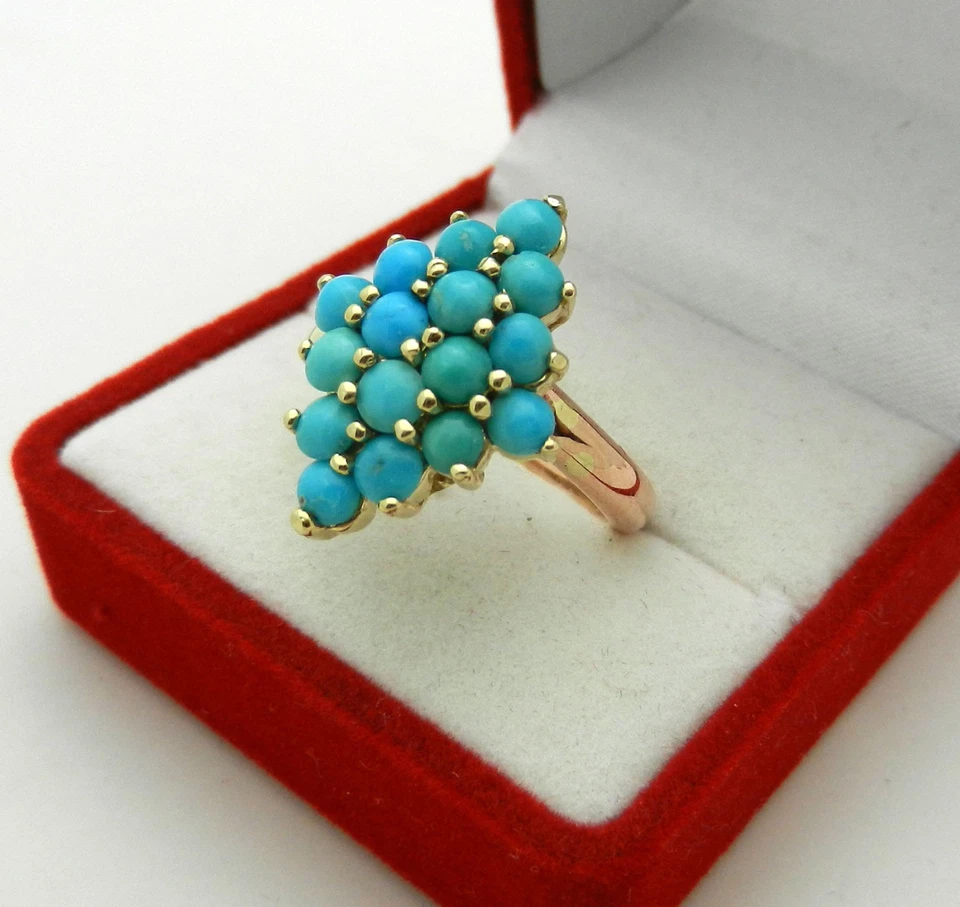 Anillo Turquesa Racimo Oro 14k Sólido Dos Tonos 7,6 gramos talla 6,75 Foto 4 de 4