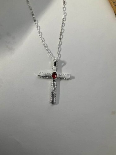 QVC Imperial Silver Sterling Wheat Cross Necklace with Red Garnet Accent - Picture 2 of 4
