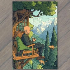 Art Print Man Bald Figure with Coffee Surreal Nature Scene Vibrant Colors Relax