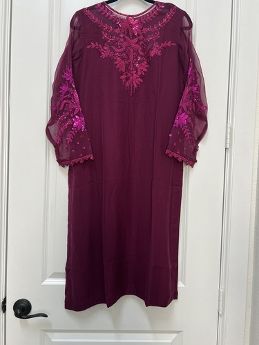 NWT Pakistani Three Piece Chiffon Wine Kurta, Pants And Dupatta BAROQUE - Picture 7 of 10