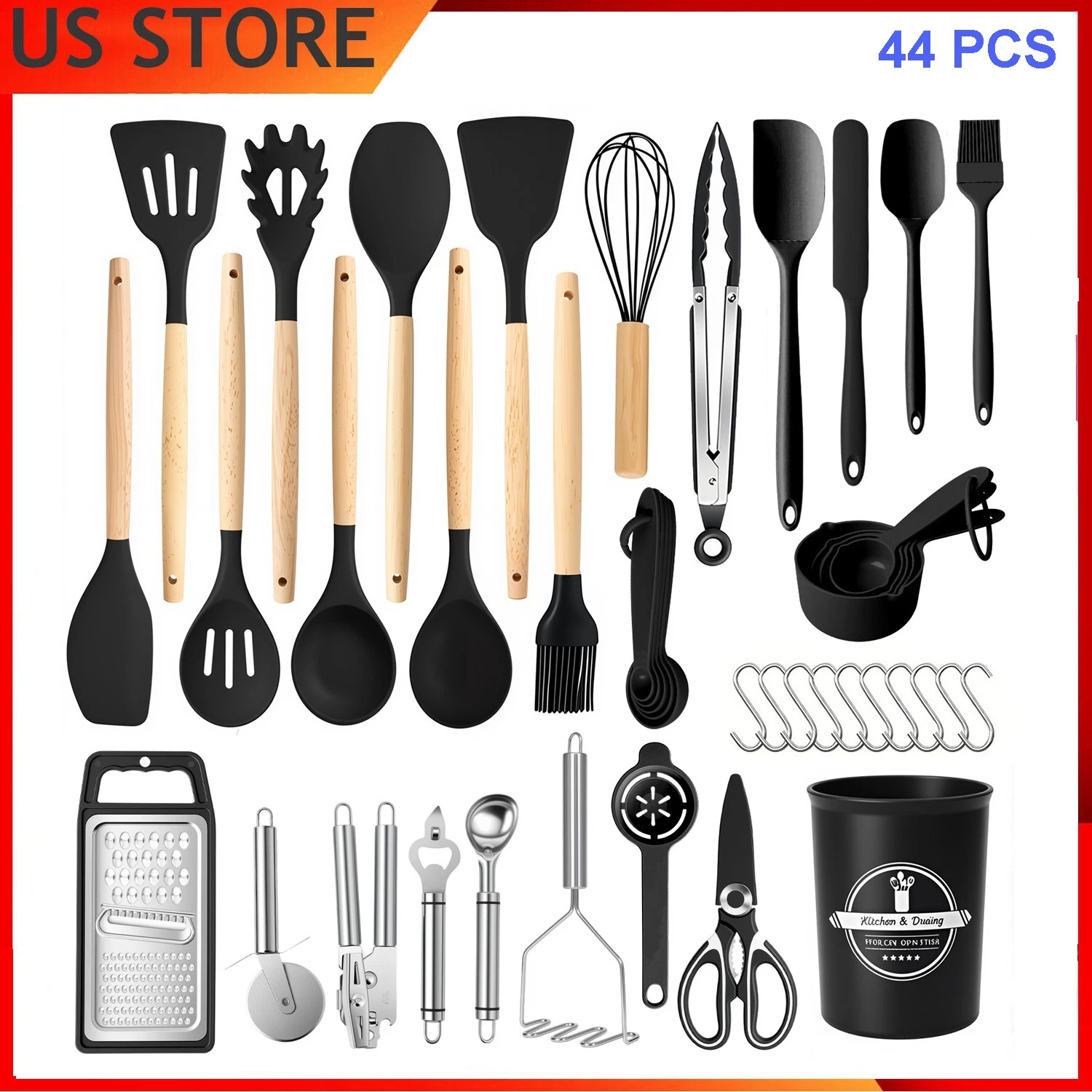 Wood Handle 44x Non-Stick Silicone Kitchen Utensil Set Food-Grade Heat-Resistant