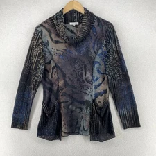 ADORE Blouse M Geometric Textured Cowl Neck Boho Long Sleeve Black