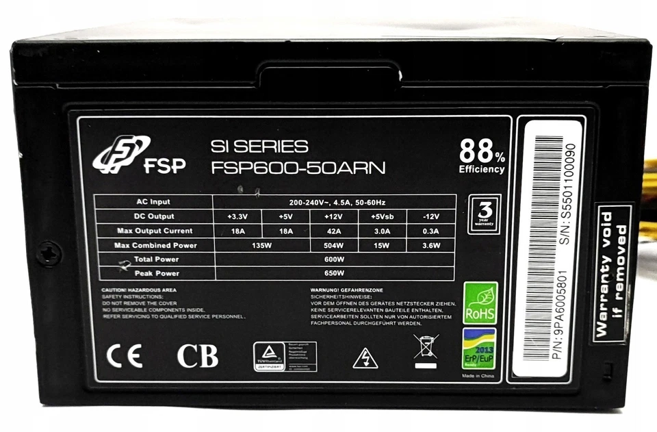 Alimentatore FSP FSP600-50ARN 600W ATX 80+ Plus PSU computer pc desktop 600 watt - Immagine 2 di 2