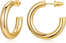 Chunky Hoop Earrings for Women 14K Gold Plated, 925 Sterling Silver Post