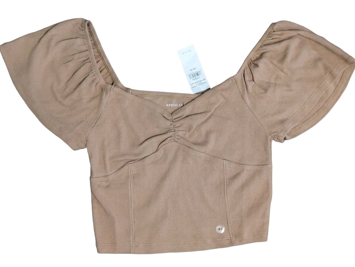 NWT American Eagle XS Tan Ribbed Off Shoulder Crop Top Ruched Puff Sleeve Casual