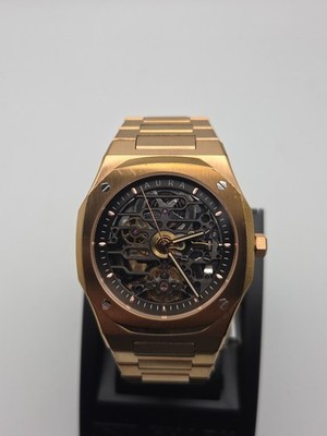 Aura Men s Automatic Watch Rose Gold Tone Skeleton 21J Micro Brand 7'' Wrist 