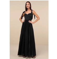 Lulus Attentive Elegance Black Tie Strap Bustier Pleated Maxi Dress Size M dium