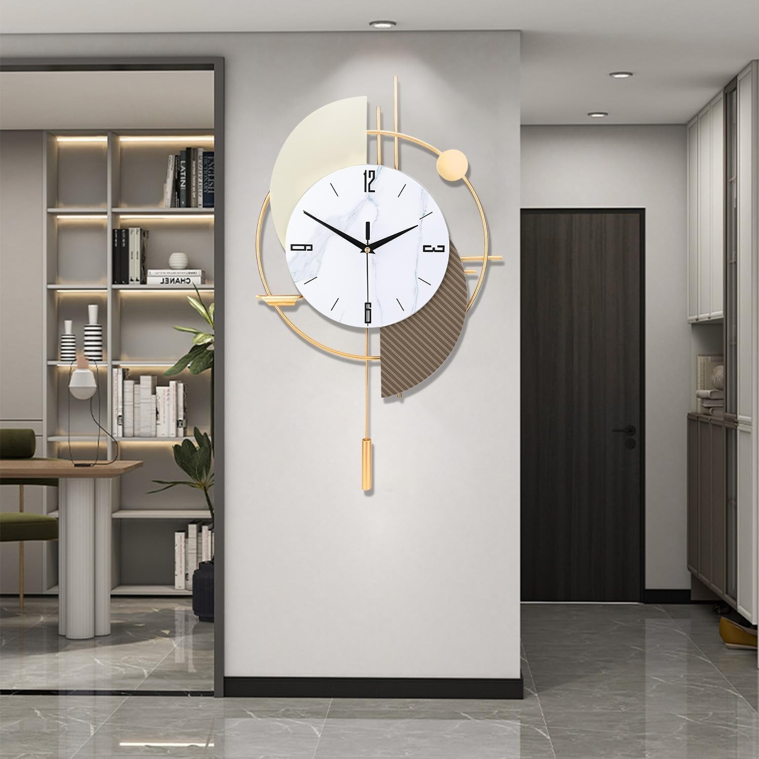 FILLOVE Large Decorative Wall Clock with Pendulum for Living Room, Matte White H