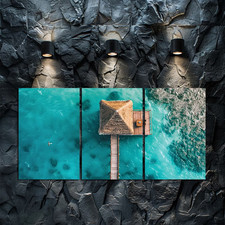 3pcs Wooden Pier and Thatched Roof Huts Wall Art Canvas Framed 50x70cm