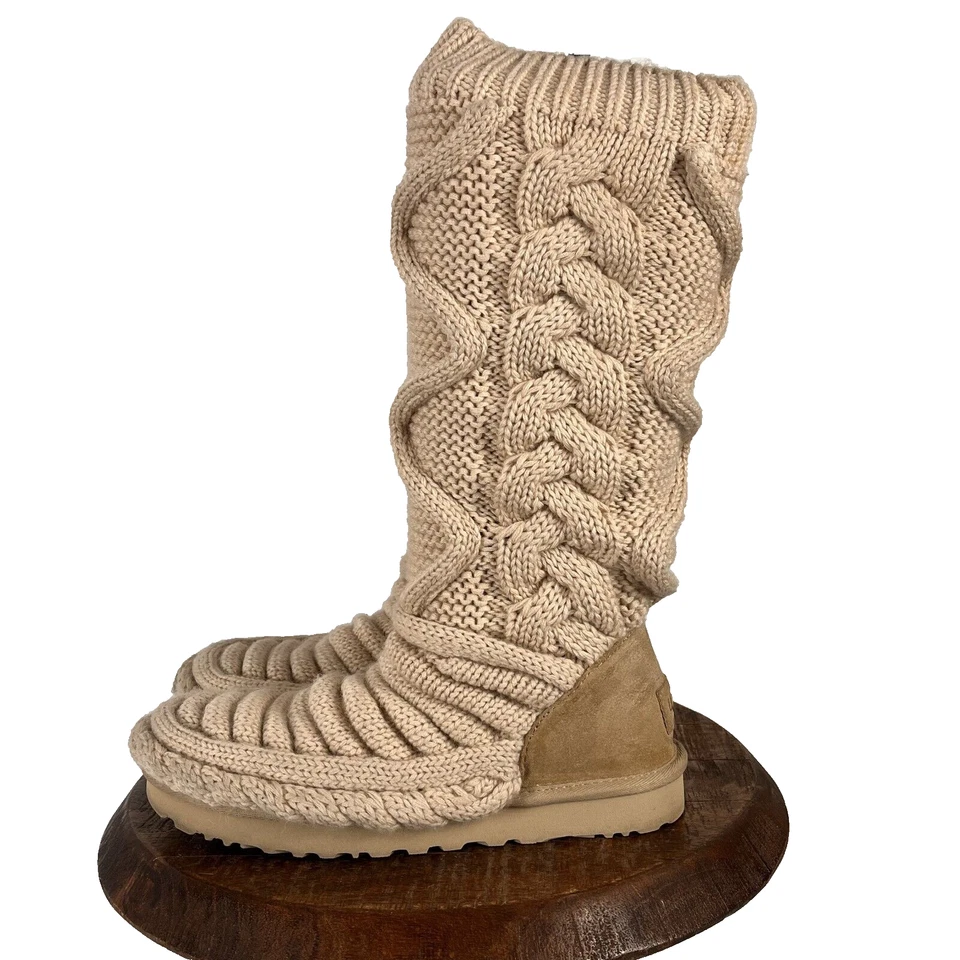 Botas UGG Mujer 8 Crema Clásicas Altas Gruesas Tejidas Lana Cuero Transpirables Foto 3 de 4