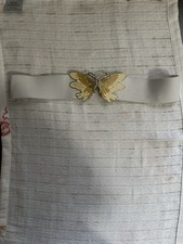Vintage White Elastic Stretch Belt with Gold and Yellow Enamel Butterfly Buckle
