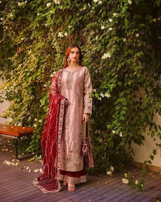 Heavy Reception Wear Peach Fancy Heavy Silk Salwar Kameez With Dupatta For Women