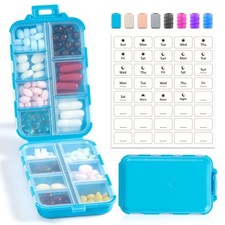 14 GRIDS Travel Pill Organizer Box with Labels - Travel Medicine Case Kit - P...