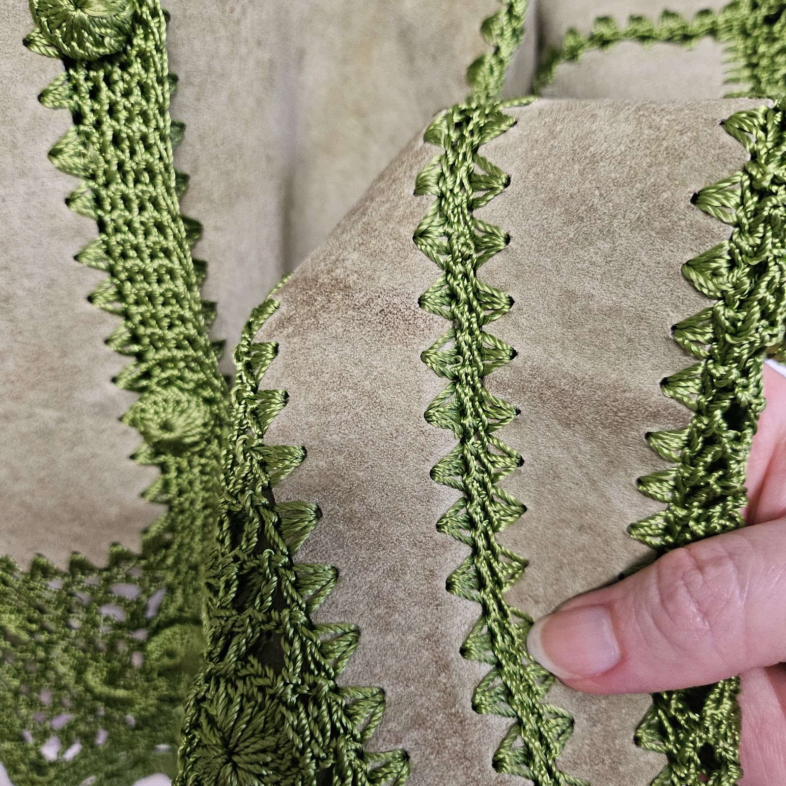 Green Suede Leather Crochet Patchwork Jacket Size… - image 7