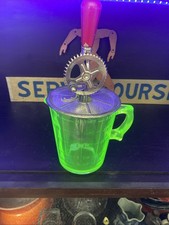 Vintage A&J Uranium Green Depression Glass 1923 Measuring Cup W/ Hand Mixer !!