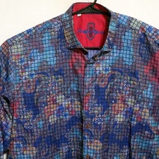 Luchiano Visconti Shirt Mens 2XL Long Sleeve Button Blue Paisley Black Striped