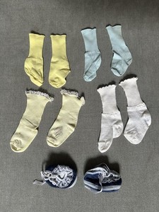 Vintage Infant Lot Blue Corduroy Lace Booties & Ruffle Socks Yellow Mint White