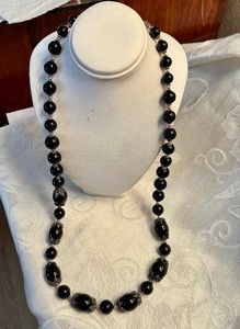 Vintage sterling silver & black onyx bead necklace, MERAV, PRICE REDUCED
