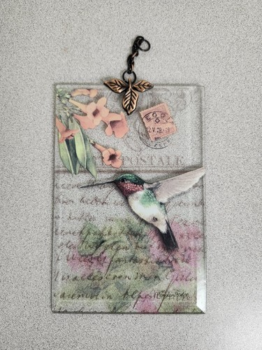 Vintage Glass Wall Hanging Decor Floral Postal Stamp Bird