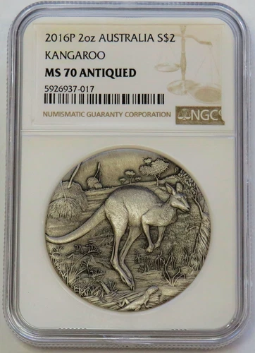 2016 P SILVER AUSTRALIA $2 KANGAROO 2 OZ HIGH RELIEF COIN NGC MS 70 ANTIQUED