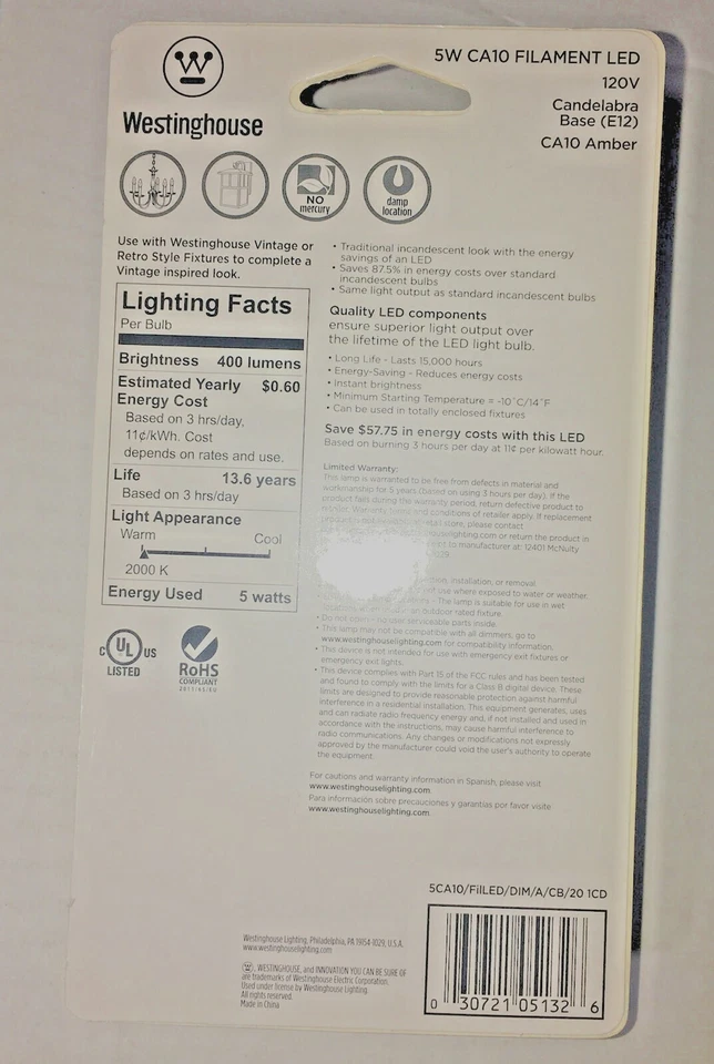 Westinghouse 0513200 - 5W (40W Equivalent) CA10 Dimmable Filament LED Bulb - Image 2 of 2