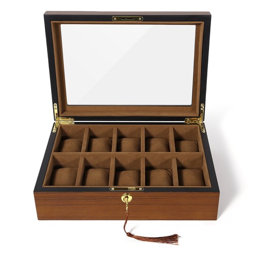 10 Slots Wooden Watch Box with Glass Lid Jewelry Organizer Display Case Gift - Picture 11 of 17