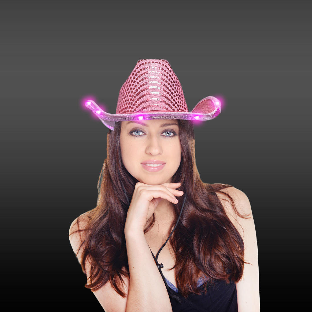 LED Light Up Black Cowboy Hat With Pink Decorative Stones LED Light Up Flashing Sequin Cowboy Hats - 12 Assorted Hats  main image 4