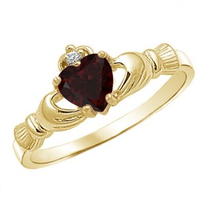 Authentic Claddagh Wedding Ring Simulated Garnet 14K Yellow Gold Plated Sterling Silver