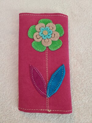 HANDMADE PINK SUEDE FLOWER WALLET MIRROR COIN PURSE  BUTTON CLOSURE
